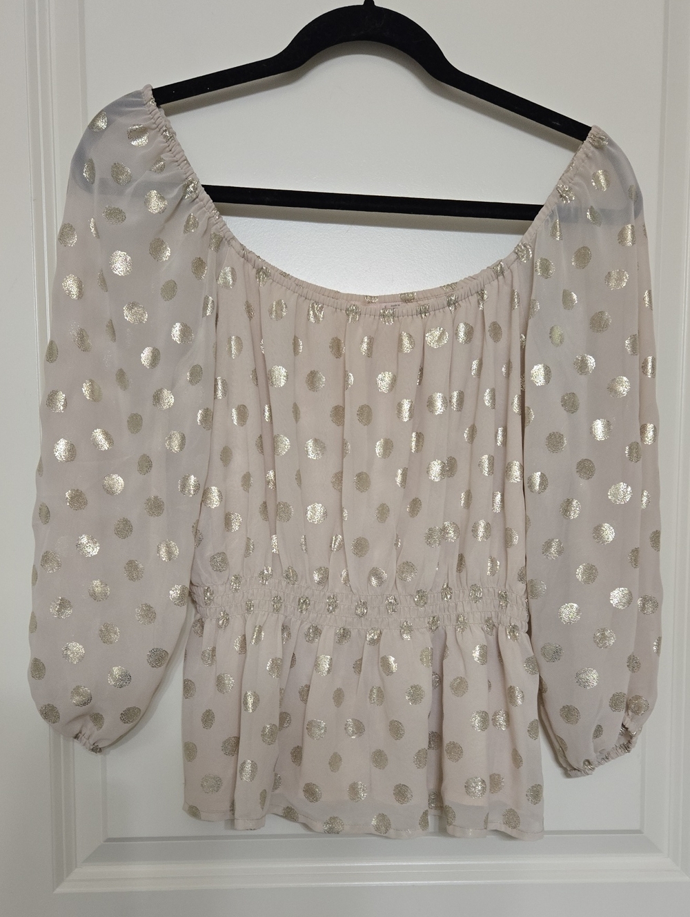 Francesca's Collections Cream Off-Shoulder Blouse with Metallic Gold Polka Dots